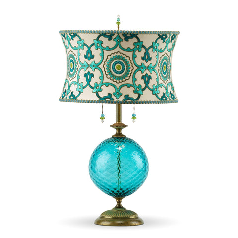 Kinzig Design Ingrid Table Lamp 129 K 117 Colors Turquoise Blown Glass Base With Embroidered Silk Shade In Turquoise And Green Artistic Artisan Designer Table Lamps