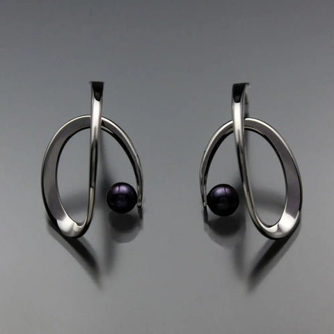 John Tzelepis Jewelry Sterling Silver or 14K Gold Large Black Pearl Earrings EAR112LGSSPB-1 Handcrafted Artistic Artisan Designer Jewelry