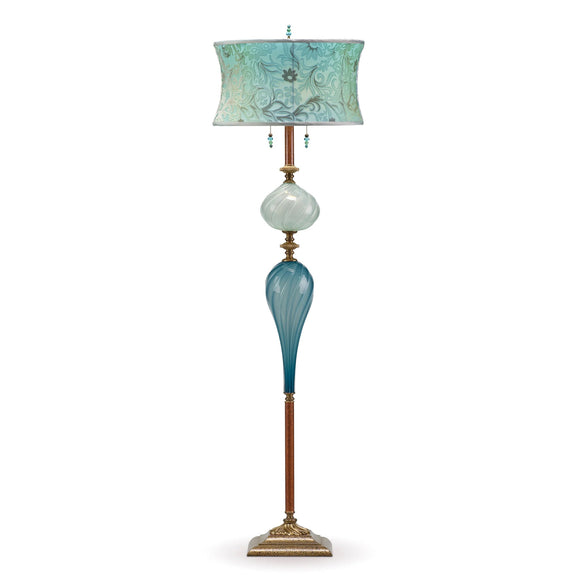 Kinzig Design Al Floor Lamp F237K178 Kevin Obrien Seafoam Velvet Shade Aqua Blown glass Base Artistic Artisan Designer Floor Lamps