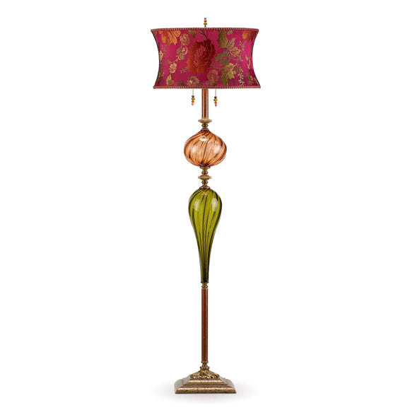 Kinzig Design Ben Floor Lamp F238K76 Fuchsia Copper and Green Dupioni Silk Shade Orange and Green Blown Glass Base Artistic Artisan Designer Floor Lamps