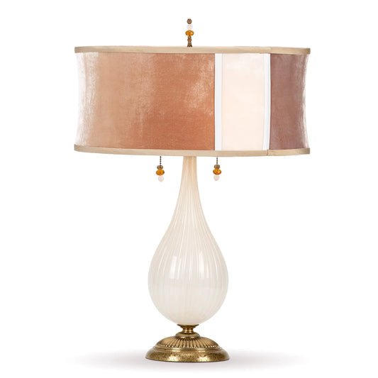 Kinzig Design Cara Table Lamp 229AK175 Colors Opaque White Blown Glass Base Latte Coyote and White Kevin O'Brien Velvet Fabrics Shade Artistic Artisan Designer Table Lamps jpg