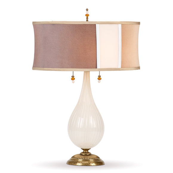 Kinzig Design Cara Table Lamp 229AK175 Colors Opaque White Blown Glass Base Latte Coyote and White Kevin O'Brien Velvet Fabrics Shade Artistic Artisan Designer Table Lamps jpg