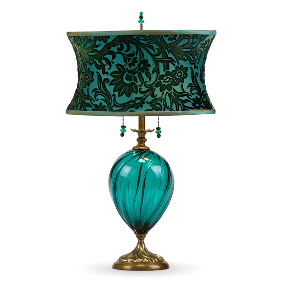 Kinzig Design Daphne Table lamp 79K179 Kevin Obrien Velvet Evergreen and Turquoise Shade Teal Blown Glass Base Artistic Artisan Designer Table Lamps