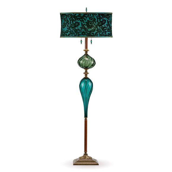 Kinzig Design Dylan Floor Lamp F239Ag179 Kevin Obrien Velvet Evergreen Shade Teal and Green Blown Glass Base Artistic Artisan Designer Floor Lamps