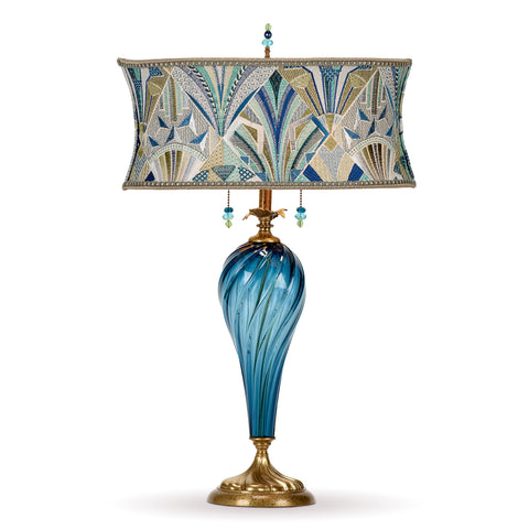 Kinzig Design Erte Table Lamp 224S172 Colors Blue Teal and Green Shade Teal Hand Blown Glass Base Artisan Designer Table Lamps
