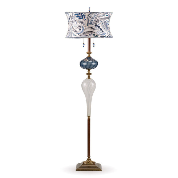 Kinzig Design Evaristo Floor Lamp F184 K 149 Colors Blue and White Blown Glass Base with Blue and White Embroidered Shade Artistic Artisan Designer Floor Lamps