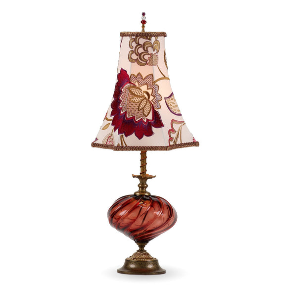 Kinzig Design Franny Table Lamp 179 A 148 Colors Red Blown Glass Base with Enmbroidered Red Scarlet Purple Gold and White Floral Shade Artistic Artisan Designer Table Lamps