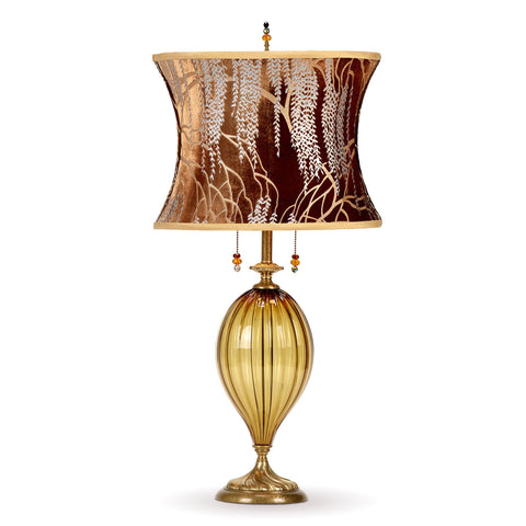 Kinzig Design Hanna Table Lamp 217I168 Colors Gold Hand Blown Glass Base Kevin O'Brien Hand Painted Copper Ivy Willow Silk Velvet Shade Artistic Artisan Designer Table Lamps