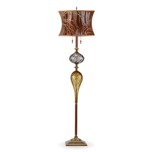 Kinzig Design Harvey Floor Lamp F241I68 Kevin Obrien Silk Velvet Copper and Ivy Shade Smoke and Gold Blown Glass Base Artistic Artisan Designer Floor Lamps