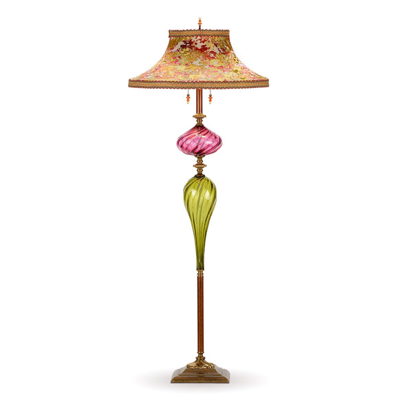 Kinzig Design Herbie Floor Lamp Colors Hand Blown Lime Green and Rose Glass Base Rose Lime and Peach Patterned Shade Artistic Artisan Designer Floor Lamps
