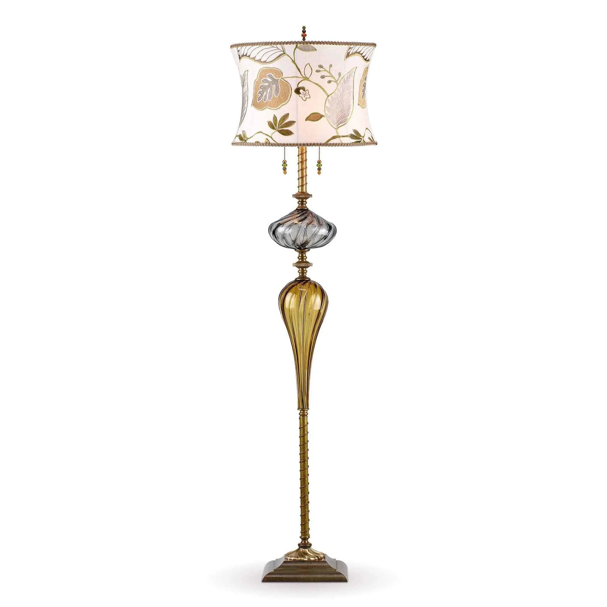 Kinzig Design Hunter Floor Lamp F 174 I 146 Colors Gray and Gold Blown Glass Base with Cream Green Gold and Gray Embroidered Shade Artistic Artisan Designer Floor Lamps