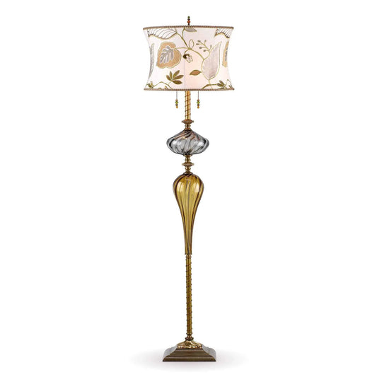 Kinzig Design Hunter Floor Lamp F 174 I 146 Colors Gray and Gold Blown Glass Base with Cream Green Gold and Gray Embroidered Shade Artistic Artisan Designer Floor Lamps
