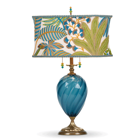 Kinzig Design Jasmine Table Lamp 195AF166 Colors Bright Teal Blue and Lime Green Blown Glass and Fabric Artistic Artisan Designer Table Lamps