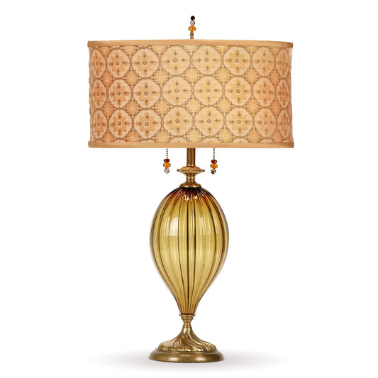 Kinzig Design Jessie Table Lamp 233AF166 Colors Amber Blown Glass Base Kevin O'Brien Silk Velvet Gold and Beige Shade Artistic Artisan Designer Table Lamps