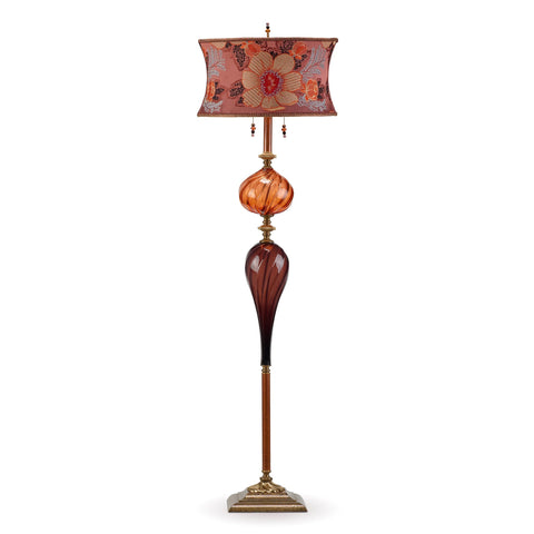 Kinzig Design Kevin Floor Lamp F243K157 Embroidered Silk Rust and Red Floral Shade Aubergine and Orange Blown Glass Base Artistic Artisan Designer Floor Lamps