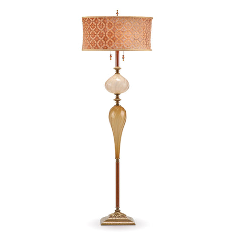 Kinzig Design Leo Floor Lamp F244Ag166 Kevin Obrien Velvet gold and Beige Shade Gold and Cream Blown Glass Base Artistic Artisan Designer Floor Lamps