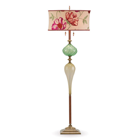 Kinzig Design Liam Floor Lamp F245Ag109 Linen Cream Pink and Rust Floral Shade Green And Cream Blown Glass Base Artistic Artisan Designer Floor Lamps
