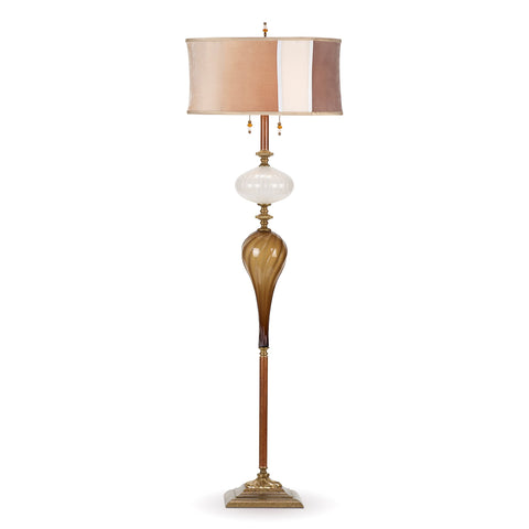 Kinzig Design Luke Floor Lamp F230AK175 Colors White and Brown Blown Glass Base with Silk Velvet Neutral Colored Shade Artistic Artisan Designer Floor Lamps