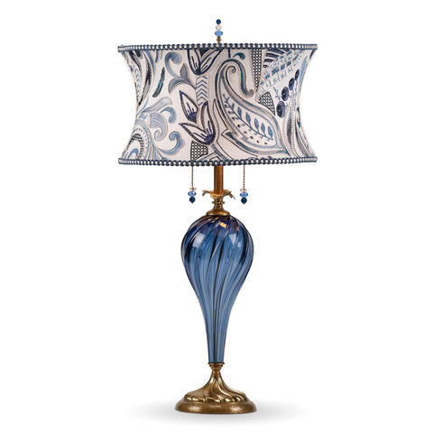 Kinzig Design Madison Table Lamp 171 K 149 Colors Blue Blown Glass Base with Blue and White Embroidered Shade Artisan Designer Table Lamps