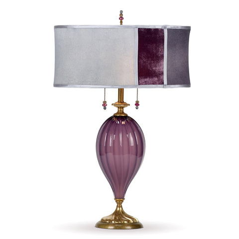 Kinzig Design Marcella Table Lamp 227AK174 Colors Purple Blown Glass Base and Kevin O"Brien Gray and Aubergine Silk Velvet Shade Artistic Artisan Designer Table Lamps