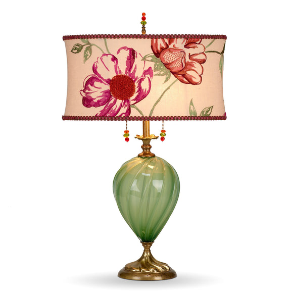 Kinzig Design Mary Anne in Green Table Lamp 210AF109 Colors Bright Green Blown Glass Base with Linen Pink and Rust Embroidered Shade Artistic Artisan Designer Table Lamps
