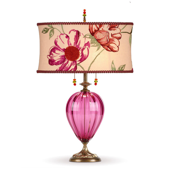 Kinzig Design Mary Anne in Rose Table Lamp 163AF109 Colors Rose Blown Glass Base Floral Rose Fuschia Green Ecru Embroidered linen Shade Artistic Artisan Designer Table Lamps