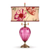 Kinzig Design Mary Anne in Rose Table Lamp 163AF109 Colors Rose Blown Glass Base Floral Rose Fuschia Green Ecru Embroidered linen Shade Artistic Artisan Designer Table Lamps