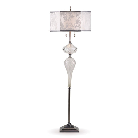 Kinzig Design Matt Floor Lamp F 183 As 154 Colors Clear and Silver Gray Blown Glass Base with White and Silver Silk Shade Artisan Designer Floor Lamps