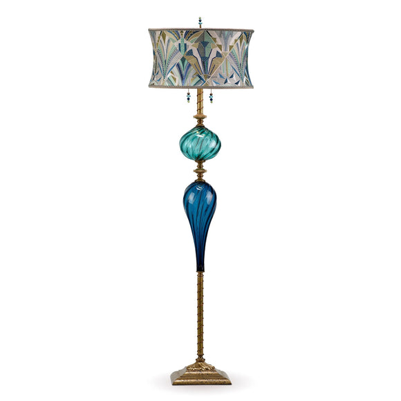 Kinzig Design Maxwell Floor Lamp F246K172 Art Deco Embroidered Blue Teal and Green Shade Teal and Blue Blown Glass Base Artistic Artisan Designer Floor Lamps
