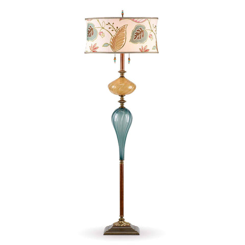 Kinzig Design Micah Floor Lamp F173 Af 147 Colors Jade and Gold Blown Glass Base with Cream Gold Pink and Green Embroidered Shade Artistic Artisan Designer Floor Lamps