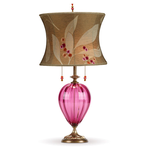 Kinzig Design Natalia Rose Nadia Table Lamp 163I94 Colors Raspberry Blown Glass Base with Rose and Rust Floral Woven Jacquard Shade Artistic Artisan Designer Table Lamps