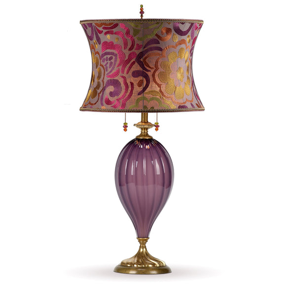 Kinzig Design Natasha Marcela Table Lamp 227I141 Colors Purple Blown Glass Base with Fuchsia Purple Green and Yellow Embroidered Linen Shade Artistic Artisan Designer Table Lamps