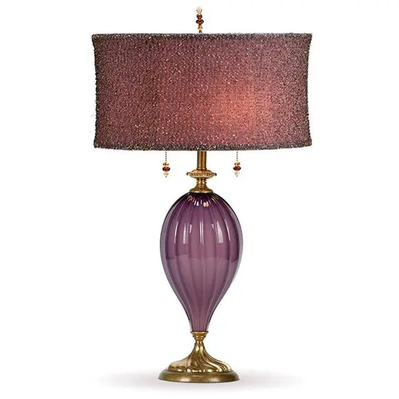 Nicole Table Lamp 78AF81 by Kinzig Design, Purple Blown Glass, Beaded Overlay Silk Shade