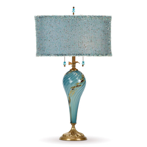 Kinzig Design Noa Table Lamp 231AF177 Colors Aqua Blue Blown Glass Base with Beaded Soft Blue Shade Artistic Artisan Designer Table Lamps