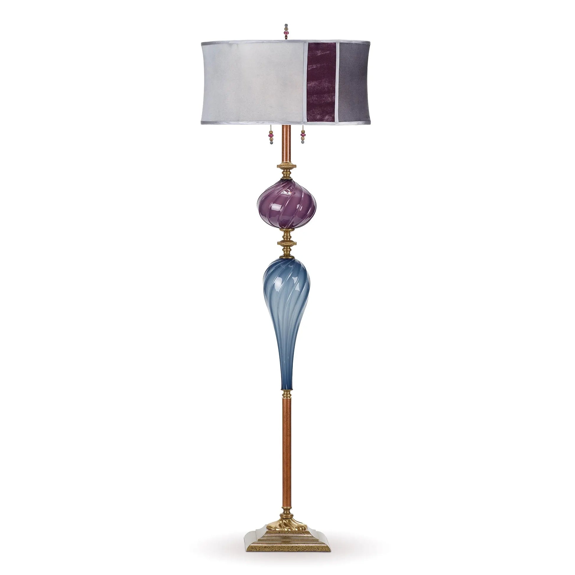 Kinzig Design Peter Floor Lamp F228AK174 Colors Gray Blue and Aubergine Blown Glass Base Gray and Aubergine Silk Velvet Shade Artistic Artisan Designer Floor Lamps