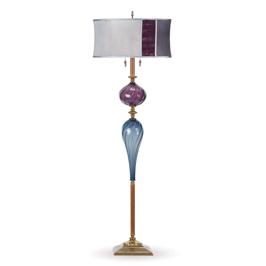 Kinzig Design Peter Floor Lamp F228AK174 Colors Gray Blue and Aubergine Blown Glass Base Gray and Aubergine Silk Velvet Shade Artistic Artisan Designer Floor Lamps