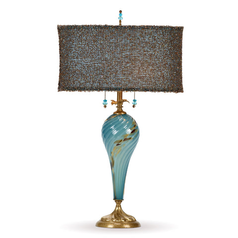 Kinzig Design Renee Table lamp 231AF176 Colors Aqua Blue and Brown Blown Glass Base with Bronze and Bead Shade Artistic Artisan Designer Table Lamps