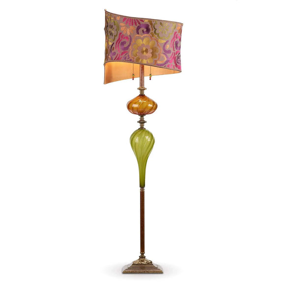 Kinzig Design Romel Floor Lamp F164 Ao 141 Colors Copper and Green Blown Glass Base with Purple Raspberry Green Gold And Copper Shade Artistic Artisan Designer Floor Lamps