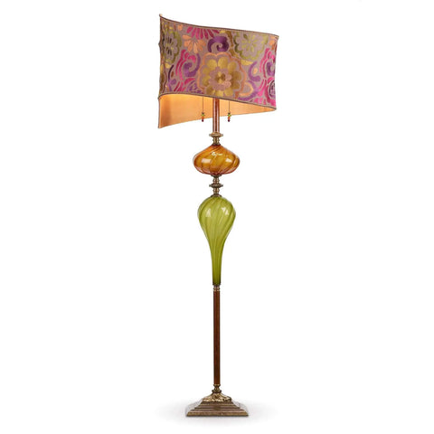 Kinzig Design Romel Floor Lamp F164 Ao 141 Colors Copper and Green Blown Glass Base with Purple Raspberry Green Gold And Copper Shade Artistic Artisan Designer Floor Lamps