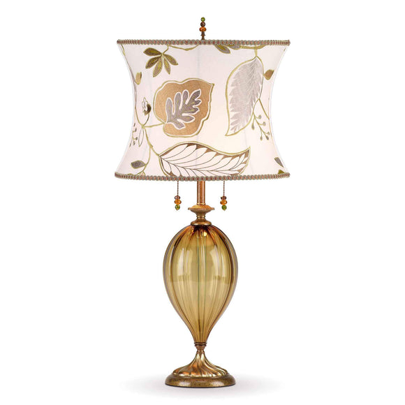 Kinzig Design Sadie Table Lamp 168 I 146 Colors Amber Glass Base with Green Amber Cream Embroidered Linen Shade Artistic Artisan Designer Table Lamps