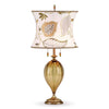 Kinzig Design Sadie Table Lamp 168 I 146 Colors Amber Glass Base with Green Amber Cream Embroidered Linen Shade Artistic Artisan Designer Table Lamps