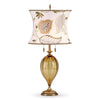 Kinzig Design Sadie Table Lamp 168 I 146 Colors Amber Glass Base with Green Amber Cream Embroidered Linen Shade Artistic Artisan Designer Table Lamps