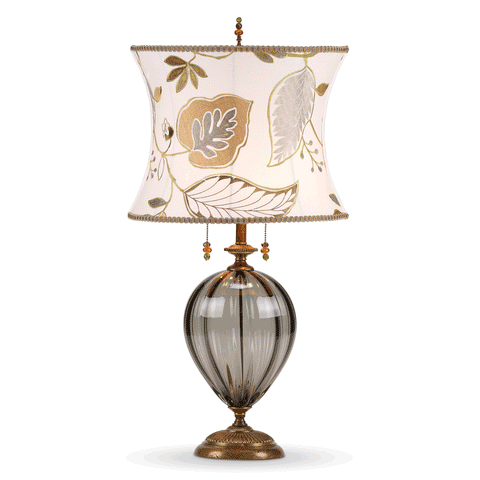 Kinzig Design Sadie in Smoke Table Lamp 175I146 with Gray Blown Glass and Linen Neutral Botanical Shade Artistic Artisan Designer Table Lamps