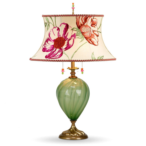 Kinzig Design Sara Table Lamp 210Ai109 Embroidered Linen Floral Rose Green and Cream Shade Green Blown Glass Base Artistic Artisan Designer Table Lamps