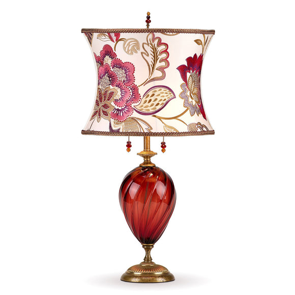 Kinzig Design Scarlett Table Lamp 170 I 148 Colors Red Blown Glass Base with White Scarlett Pink Gold and Purple Embroidered Shade Artistic Artisan Designer Table Lamps