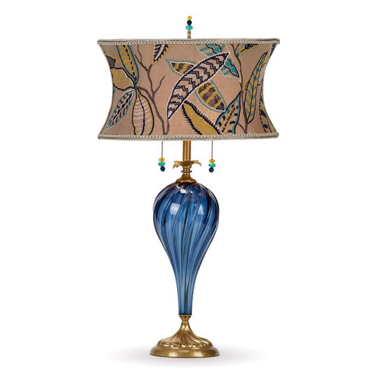 Kinzig Design Vicky Table Lamp 215K167 Colors Navy Teal Gold and White Shade Deep Blue Blown Glass Base Artisan Designer Table Lamps
