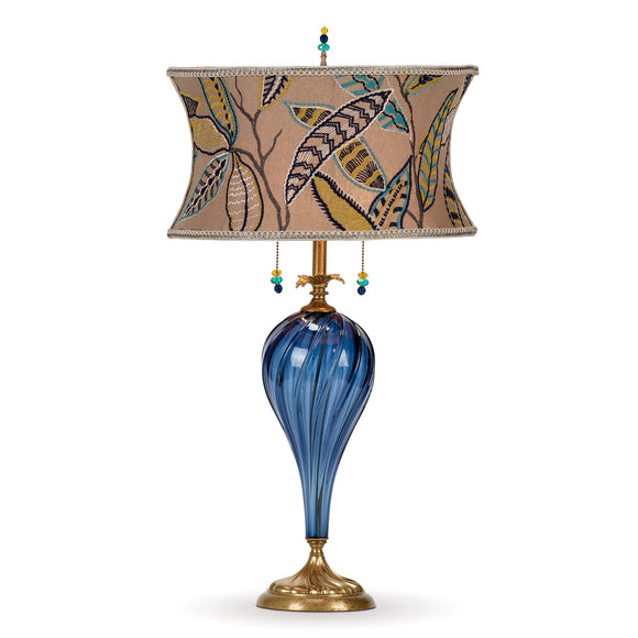 Kinzig Design Vicky Table Lamp 215K167 Colors Navy Teal Gold and White Shade Deep Blue Blown Glass Base Artisan Designer Table Lamps