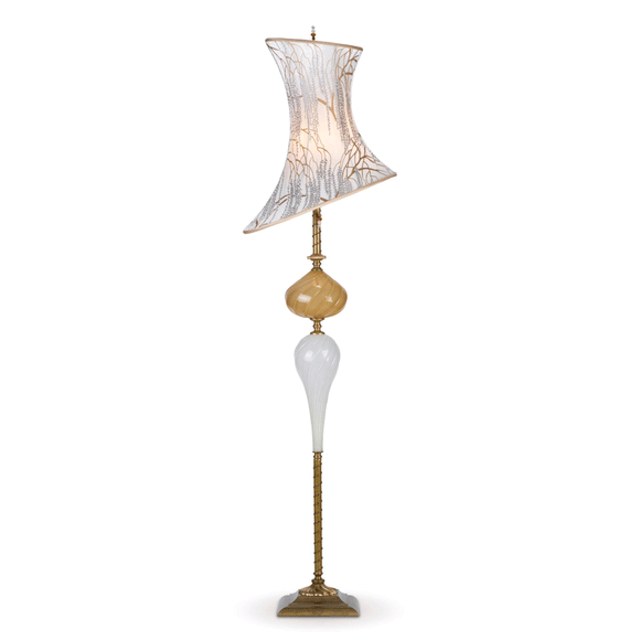 Kinzig Design William Floor Lamp F116AH133 Colors White and Gold Blown Glass and Silk Artistic Artisan Designer Floor Lamps