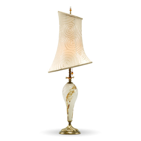 Mackenzie Table Lamp 2H68, Kinzig Design, Colors Cream Gold and Brown Blown Glass, Silk Shade, Artistic Artisan Designer Table Lamps