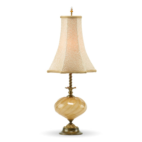 Sofia Table Lamp 113A123, Kinzig Design, Colors Cream and Gold Blown Glass, Silk Shade, Artistic Artisan Designer Table Lamps